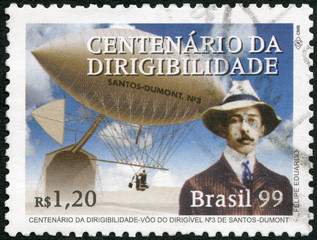 Naklejka premium BRAZIL - 1999: shows Flight of Alberto Santos-Dumont (1873-1932) and his Dirigible Number 3, Century