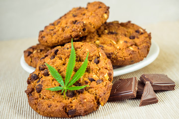 Delicious homemade Cookies with CBD cannabis and leaf garnish and buds of marijuana. A can of cannabis buds Concept of cooking with cannabis herb. Treatment of medical marijuana for use in food.