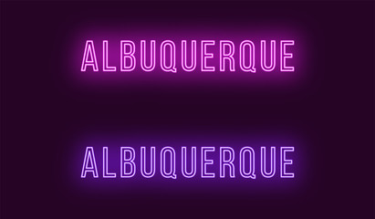Neon name of Albuquerque city in USA. Vector text