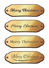 Obraz premium Merry Christmas lettering design set. Gold badge with congratulatory inscription. Gold sign collection elements for greeting cards, invitations and other items. Vector illustration