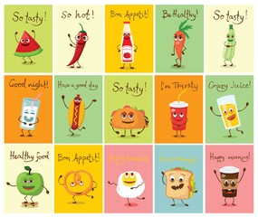 Cartoon cards with funny food characters vector illustrations with hand drawn funny quotes - Vector