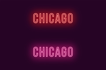 Neon name of Chicago city in USA. Vector text