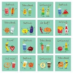 Fototapeta premium Cartoon cards with funny food friends characters vector illustrations with hand drawn funny quotes - Vector