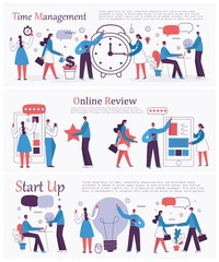 Vector illustrations of the office concept business people in the flat style. E-commerce, time management, start up and Online review business concept. - Vector