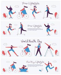 Fototapeta na wymiar Vector illustrations of Healthy lifestyle. Roller skate, bicycle, walking and yoga sport design elements in flat style - Vector