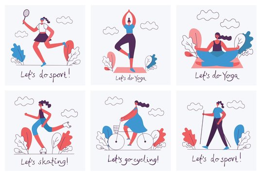 Vector illustration cards of Healthy lifestyle. Roller skate, bicycle, scootering and yoga sport design elements in flat style with funny motivate quote - Vector