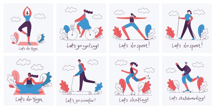 Vector illustrations of Healthy lifestyle. Roller skate, bicycle, walking and skating sport design elements in flat style - Vector