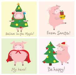 Fototapeta premium Vector illustration cards with the symbol of the year - yellow pig with christmas gifts and funny hand drawn christmas greeting
