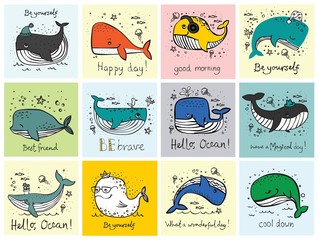 Naklejka premium Wektor ilustracja karty z cute doodle oceanów zamieszkujących wieloryby w kolorze i zabawny cytat motavation - wektor