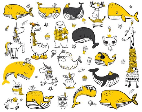 Vector set of cute doodle hipster animals. Perfect for greeting cards design, t-shirt prints and kid's posters. - Vector
