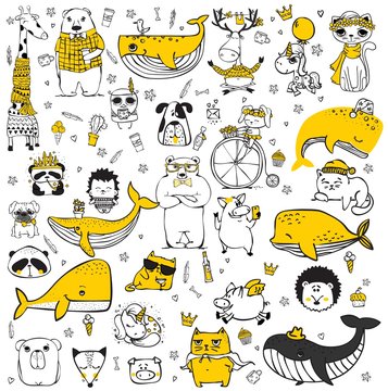 Vector set of cute doodle hipster animals. Perfect for greeting cards design, t-shirt prints and kid's posters. - Vector