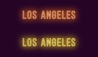 Neon name of Los Angeles city in USA. Vector text