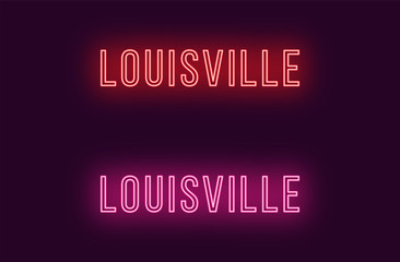 Neon name of Louisville city in USA. Vector text