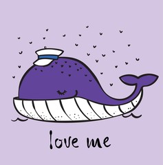 Vector illustration card with cute doodle ocean whale in color and funny motavation quote Be yourself