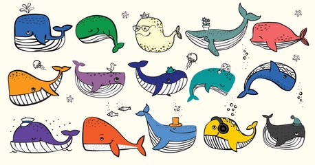 Vector illustration with cute doodle ocean whales in color and other sea inhabitans - Vector