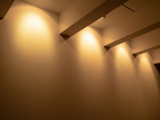 Multiple ceiling lamps that illuminate the wall