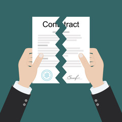 Hands holding two parts torn contract, flat vector illustration