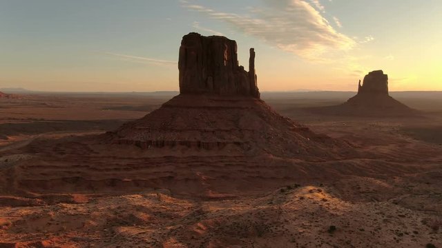 Monument Valley Sunrise West and East Mitten Butte Aerial Telephoto Shot Arizona and Utah USA
