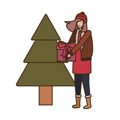 woman with christmas tree and gift box