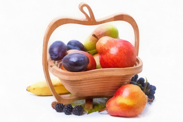 Watercolor sketch fruit in wooden vase