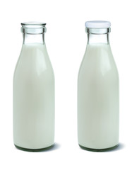 Filled unopened and opened milk bottle isolated on white. Realistic vector 3d illustration
