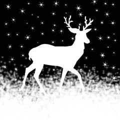 winter card, deer on a black background with snow