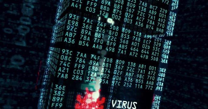 Cyber attack and data theft endless concept background. Breakings protection and theft of data, privacy and access to device. 3d flying around digital block with computer symbols in looped animation.