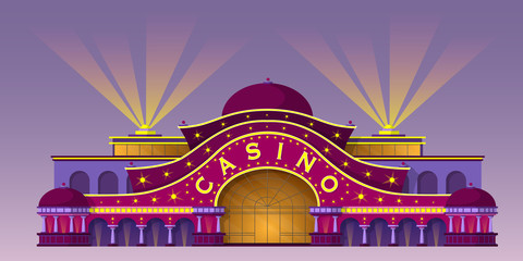 Facade of a casino building. Entrance to the gaming house. Vector illustration about gambling industry.