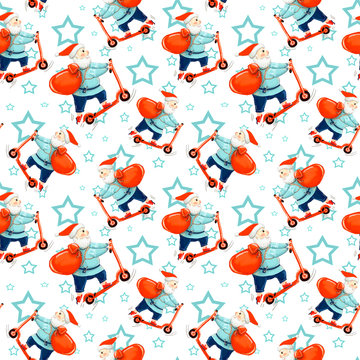 seamless pattern with santa claus on a scooter, christmas pattern