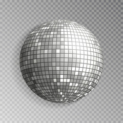 Glitter disco ball vector. Silver mirrorball isolated. Discoball shine light effect. Night club deco