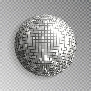 Glitter Disco Ball Vector. Silver Mirrorball Isolated. Discoball Shine Light Effect. Night Club Deco