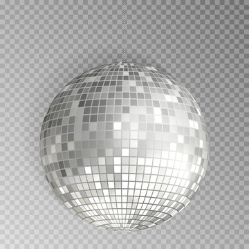 Glitter Disco Ball Vector. Silver Mirrorball Isolated. Discoball Shine Light Effect. Night Club Deco