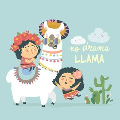 Funny llama alpaka with cute mexican girls © Maria Starus