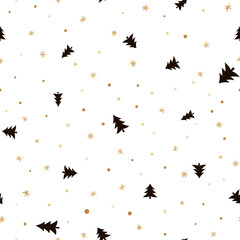 Seamless Christmas pattern with golden snowflakes and black trees on a white background. Vector.