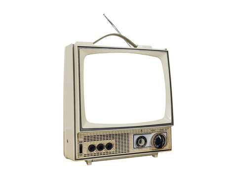Dirty vintage portable television isolated on white with cut out screen.