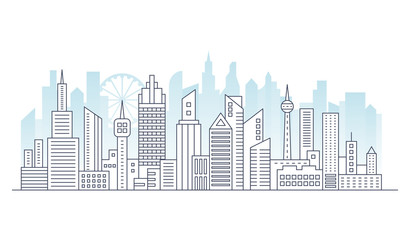 Line modern urban big city panorama with color building on background. Outline stroke cityscape skyscrapers vector illustration.