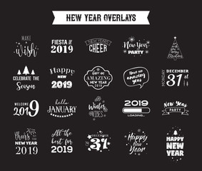 Happy New Year 2019 typographic emblems set. Vector logo, text design. Black, white and gold. Usable for banners, greeting cards, gifts etc.