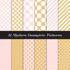 Gold, Blush Pink and White Jumbo Polka Dots, Gingham and Diagonal Stripes Seamless Vector Patterns. Subtle Feminine Pastel Color Backgrounds. Repeating Pattern Tile Swatches Included