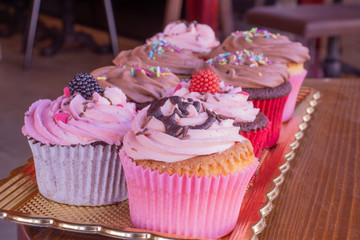 Fresh baked delicious different cupcakes served together with wood background