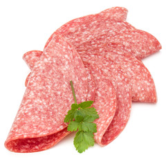 Salami smoked sausage slices isolated on white background