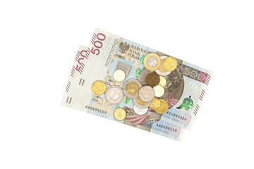 Polish banknotes PLN 500 and small coins