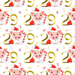 Vector seamless pattern Pig with Santa Claus hat and beard. symbol of success, numbers 2019. Nice wrapping paper or textile repeatable print.