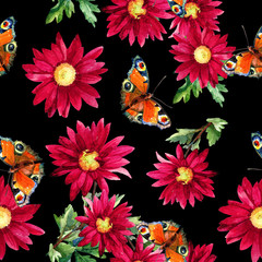 Seamless pattern of butterflies on the background of flowers painted in watercolor.