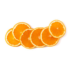 Orange fruit slice  isolated on white background closeup. Food background. Flat lay, top view.