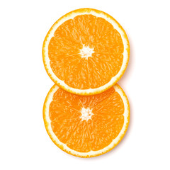 Orange fruit slice  isolated on white background closeup. Food background. Flat lay, top view.