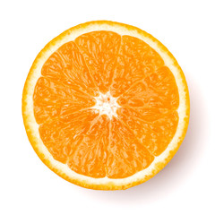 half of Orange fruit  isolated on white background closeup. Food background. Flat lay, top view.