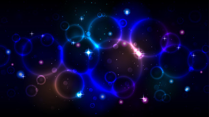 Light circles in the dark night starry sky, abstract multicolor background with circles, sparkles bokeh and stars