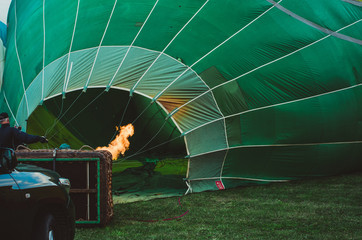 Inflating hot air ballon with fire and gas