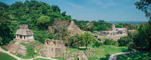 Palenque Maya ruins surrounded by rainforest. It is located near the Usumacinta Riverin the Mexican state of Chiapas south of Ciudad del Carmen - obrazy, fototapety, plakaty