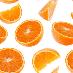 Orange fruit seamless pattern. Orange segments isolated on white background. Food background.